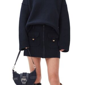 Ganni Navy Boiled Wool Mini Skirt